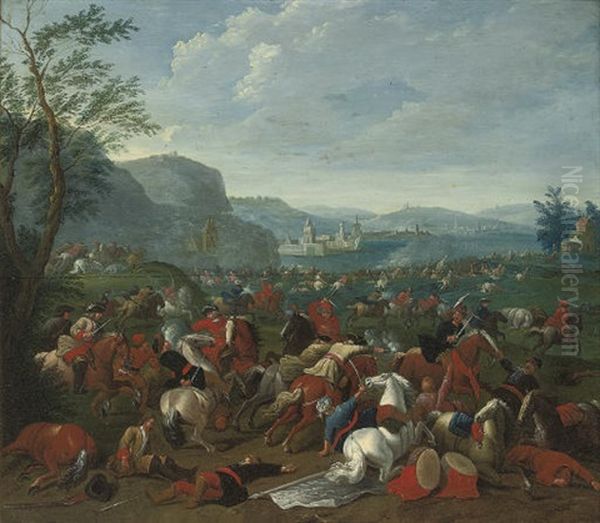 A Wooded Landscape With A Cavalry Battle And A Village Under Siege, A Fort Beyond - view 1