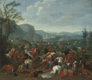 A Wooded Landscape With A Cavalry Battle And A Village Under Siege, A Fort Beyond by Karel Breydel
