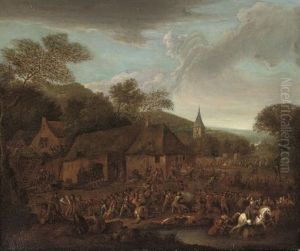A Wooded Landscape With A Cavalry Skirmish And A Village Under Attack