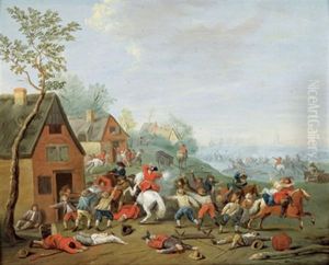 Eine Reitertruppe Uberfallt Ein Flamisches Dorf by Karel Breydel