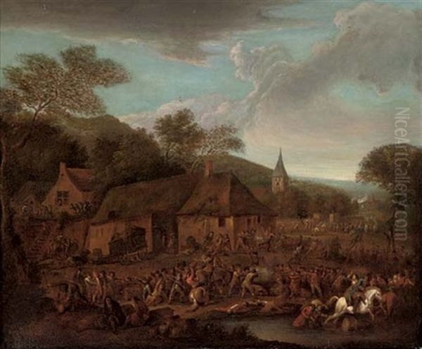 A Wooded Landscape With A Cavalry Battle And A Village Under Attack - view 1