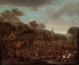 A Wooded Landscape With A Cavalry Battle And A Village Under Attack by Karel Breydel