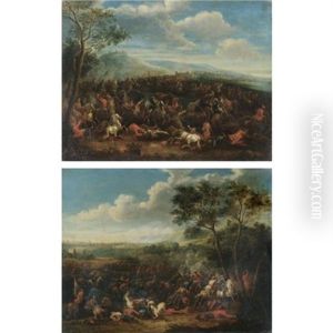A Cavalry Battle In An Extensive Landscape With A Coastal Fort Beyond And A Hilltop Town In The Distance (+ A Cavalry Battle In An Extensive Landscape With A City In The Distance; Pair) by Karel Breydel