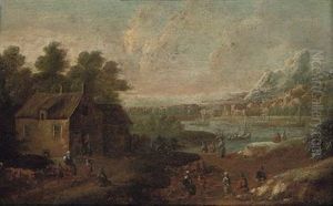 Mountainous River Landscape With Figures By A House Mountainous River Landscape With Figures By A House