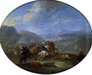 Reitergefect In Einer Weiten Flusslandschaft by Karel Breydel