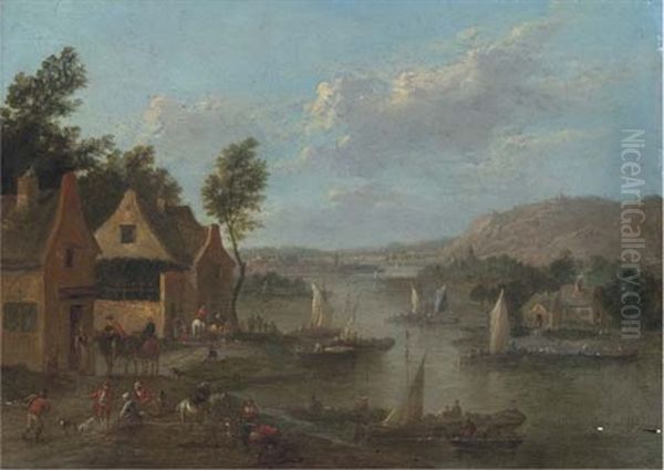 A River Landscape With Mounted Figures By An Inn, Fisherman At Sea Beyond (+ Another Similar; Pair) - view 1