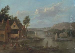 A River Landscape With Mounted Figures By An Inn, Fisherman At Sea Beyond (+ Another Similar; Pair)
