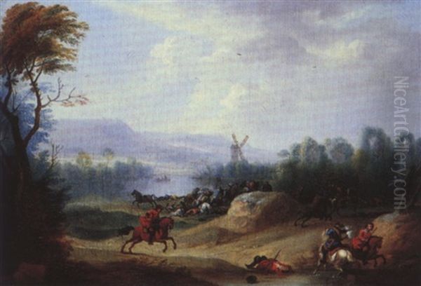 Reitergefecht Vor Weiter Landschaft Mit Einer Windmuhle - view 1