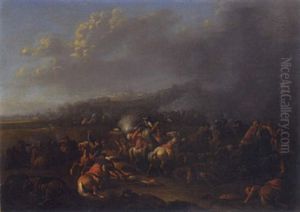 Reitergefecht In Hugeliger Landschaft by Karel Breydel