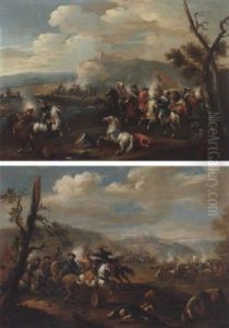 A Cavalry Battle Between Christians And Turks, A Hilltop Fort In The Distance by Karel Breydel