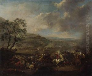 An Extensive Landscape With A Cavalry Battle