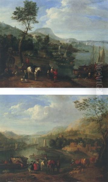 River Landscape With Drovers And Soldiers Conversing In The Foreground, Figures In Boats And Towns Beyond - view 1