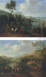 River Landscape With Drovers And Soldiers Conversing In The Foreground, Figures In Boats And Towns Beyond by Karel Breydel