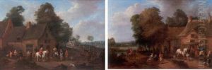Sportsmen And Other Travellers Halting Near An Inn With A Wooded River Landscape Beyond by Karel Breydel