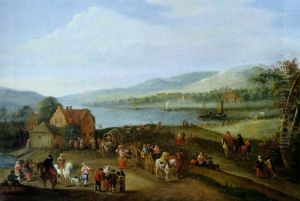 A River Landscape With Numerous Figures Near An Inn