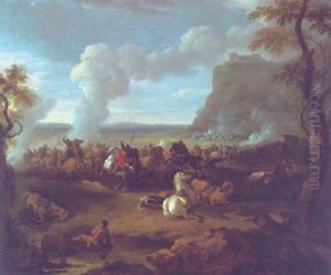 A Cavalry Skirmish With A Fortress On A Hilltop Beyond by Karel Breydel