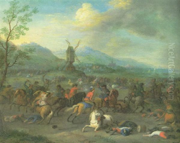 Schlachtszene - Im Vordergrund Die Gefallenen Und Ein Gesturzter Schimmel, Dahinter Reitergefechte - view 1