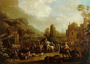 Fluslandschaft Mit Vielen Reitern Und Figuren Fluslandschaft Mit Vielen Reitern Und Figuren