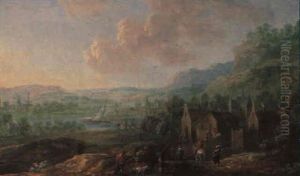 Weite Von Bergen Begrenzte Fluslandschaft Mit Reitern