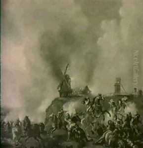 Reitergefecht In Einer Landschaft Mit Einer Windmuhle by Karel Breydel