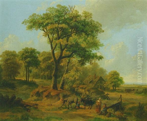 A Wooded Summer Landscape With Figures And Mules Near A Wooden Bridge - view 1