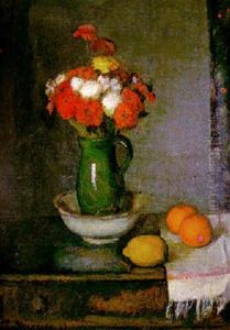 Bodegon Conflorero Y Frutas Sobre Una Mesa