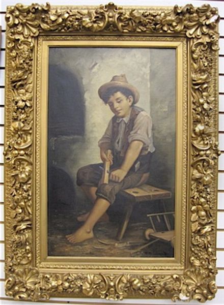 Young Boy Seated, Whittling Wood - view 1