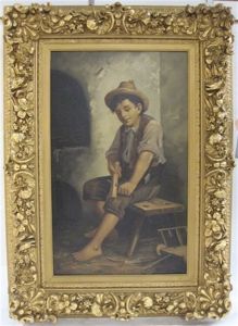 Young Boy Seated, Whittling Wood by Francois Xavier Bricard