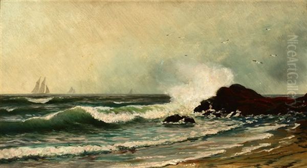 Coastal With Crashing Wave And Distant Sails - view 1