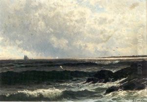 Waves Crashing On The Rocks With Boats In The Distance by Alfred Thompson Bricher