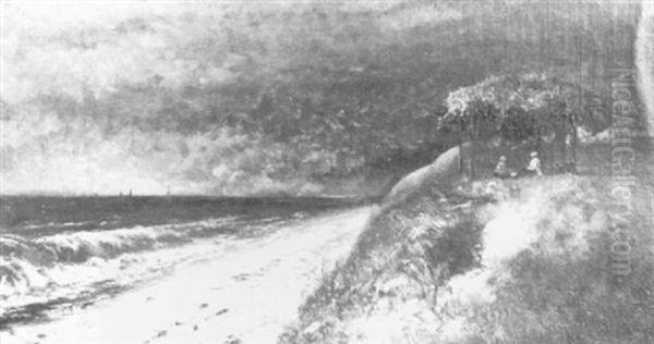 Shore Scene With Three Figures Under An Arbor On A Hilltop - view 1