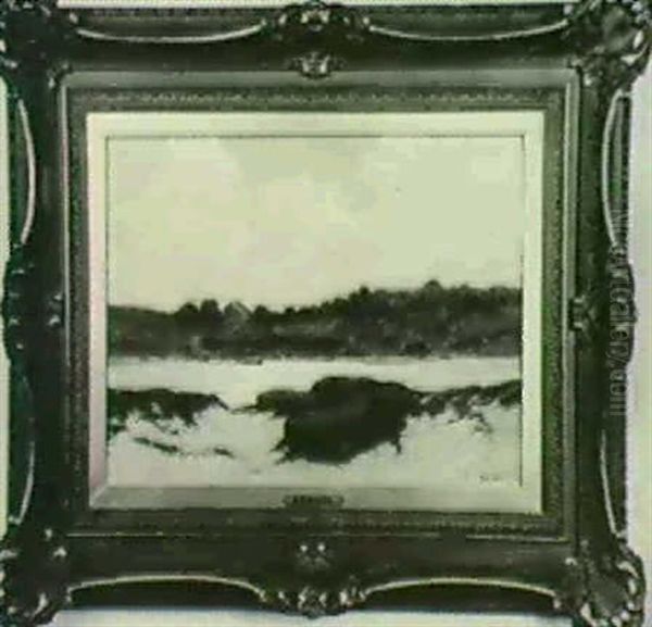 Scene Depicting An Inlet With House, Boat, Duck, And Two Figures. - view 1
