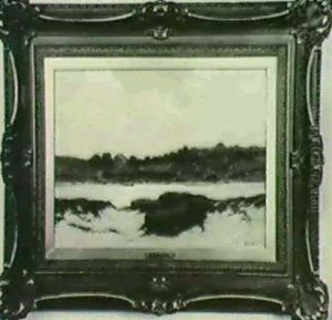 Scene Depicting An Inlet With House, Boat, Duck, And Two Figures. by Alfred Thompson Bricher