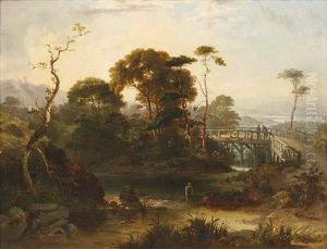 River Landscape With A Wooden Bridge by Frederick Lee Bridell