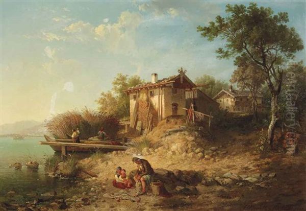 A River Landscape With A Fishing Village Near A Lake - view 1
