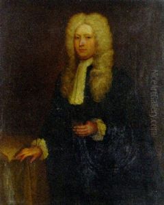 Portrait Of A Gentleman In Black Dress, A Wig And Lace Collar And Cuffs, Holding A Book Beside A Table by Charles Bridges