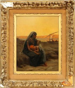 Orientalist Scene Of A Woman And Child Sitting by Frederick Arthur Bridgman