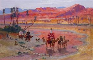 Orientalist Scene With A Caravan Crossing A River At Sunset