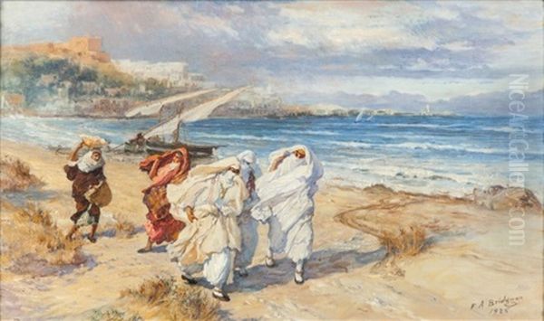 Femme En Bord De Cote, Ville A L'horizon - view 1