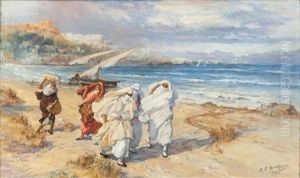 Femme En Bord De Cote, Ville A L'horizon by Frederick Arthur Bridgman
