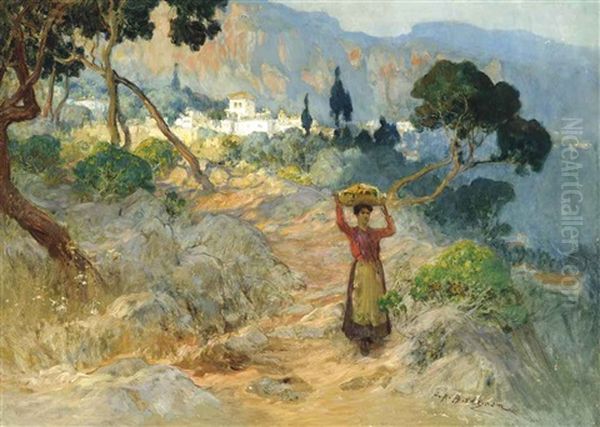 A Maiden Carrying Oranges Before An Italian Village - view 1