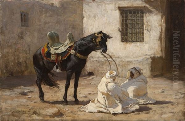 Black Stallion And Two Bedouin Men In A Wind Storm - view 1