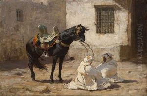 Black Stallion And Two Bedouin Men In A Wind Storm by Frederick Arthur Bridgman