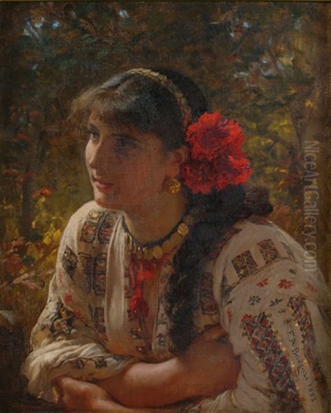 Young Lady W/red Flowers In Hair, Gold Jewelry - view 1