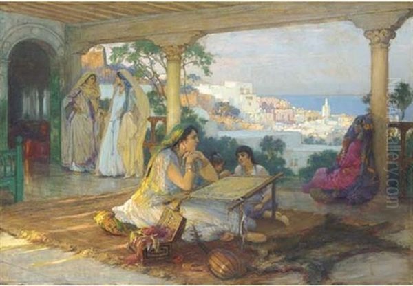 Elegant Ladies Sewing On A Verandah - view 1