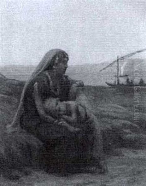 Mother And Child On A Beach Looking Out To Sea - view 1