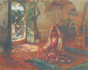 Jeune Femme A La Gazelle Dans Un Patio by Frederick Arthur Bridgman
