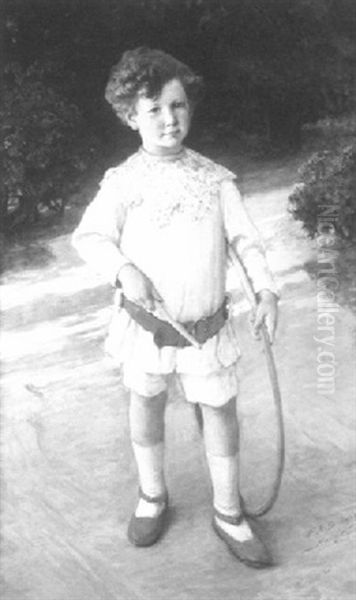 Boy With Hoop Standing On A Garden Path - view 1