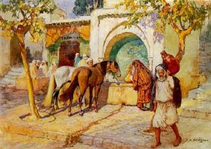 Chevaux S'abreuvant A La Fontaine Sur Une Place by Frederick Arthur Bridgman
