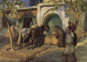 Horses Watering At A Fountain In A Square by Frederick Arthur Bridgman